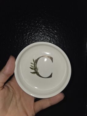 Monogram C Ceramic Trinket Dish - White with Green Leaf Accent